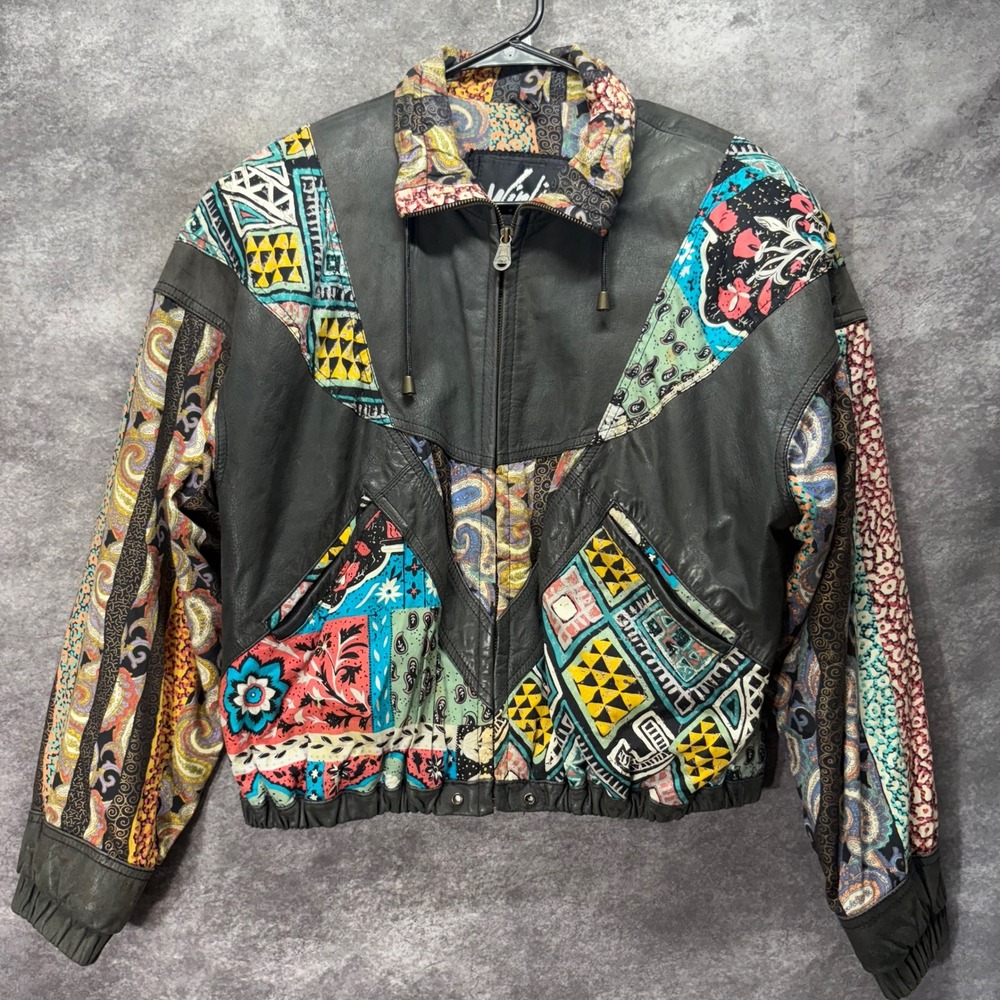 Vintage 80s Winlit Black Leather Patchwork Paisley Bomber Jacket Womens S Funky